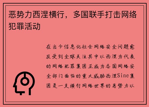 恶势力西涅横行，多国联手打击网络犯罪活动